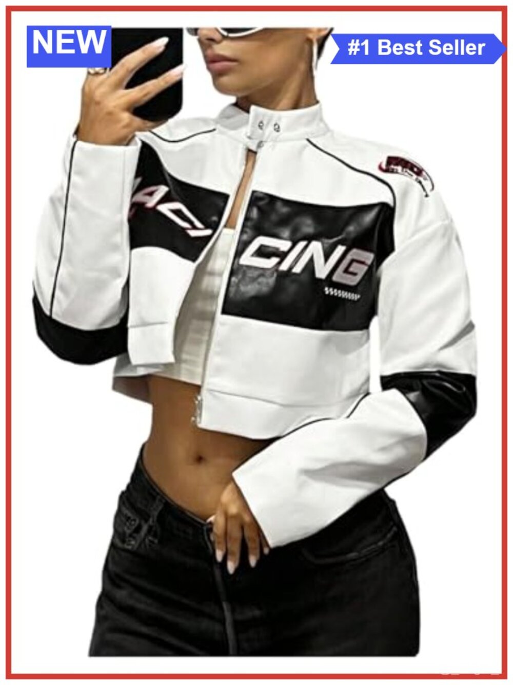 Faux Leather Zip Up Crop Graphic Jacket